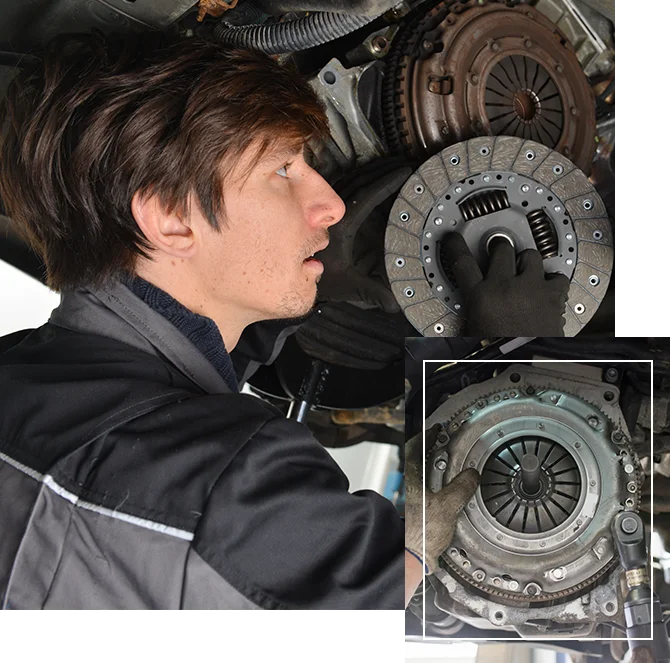 Car repair in a car service. Replacing the clutch disc of a gearbox on a car at a service station.