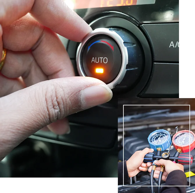 hand turning on air conditioning system in a car.