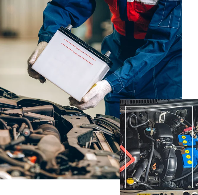 Male mechanic changing car battery, engineer is replacing car battery because car battery is depleted.